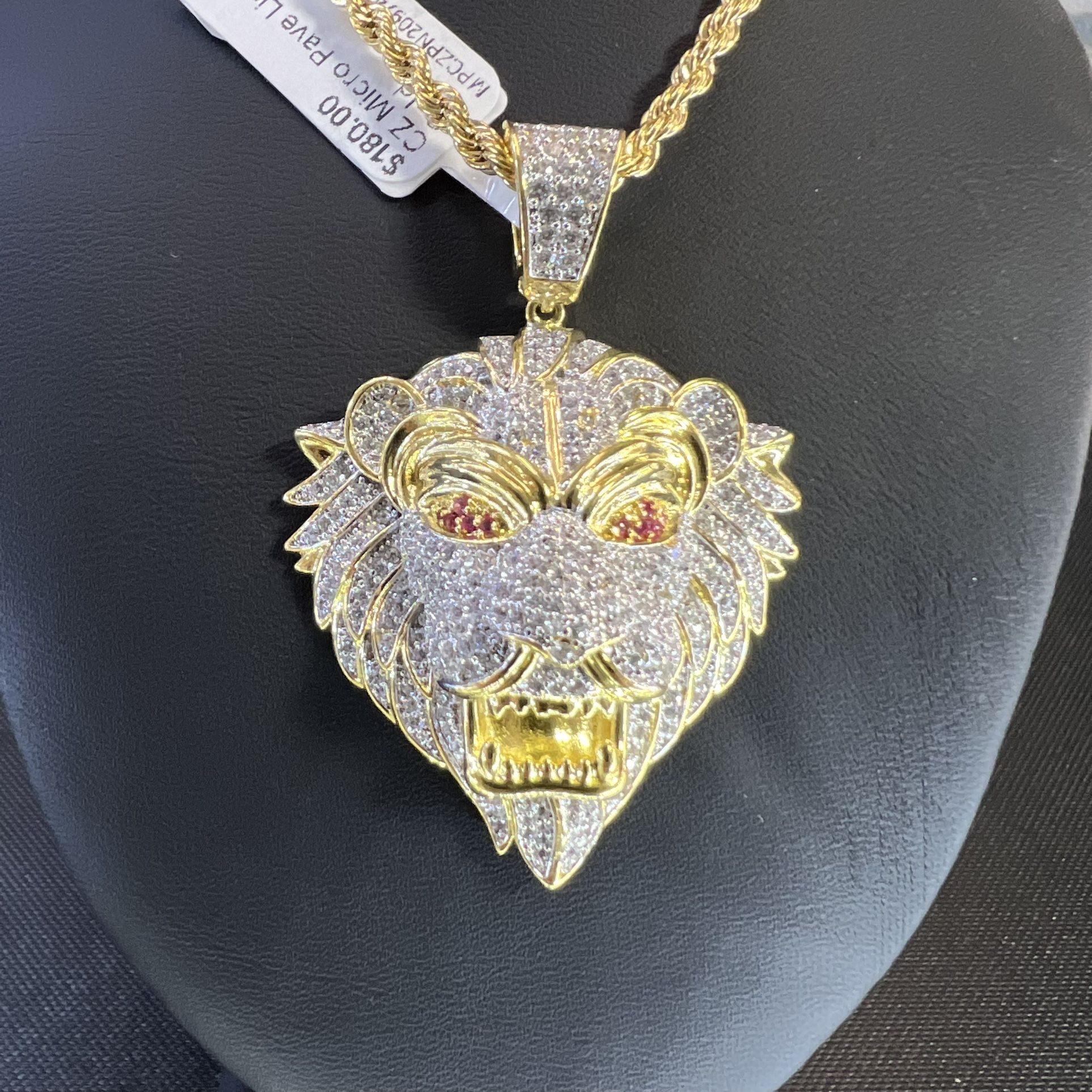 CZ Micro Pave Lion Head Pendant w/ Rope Chain