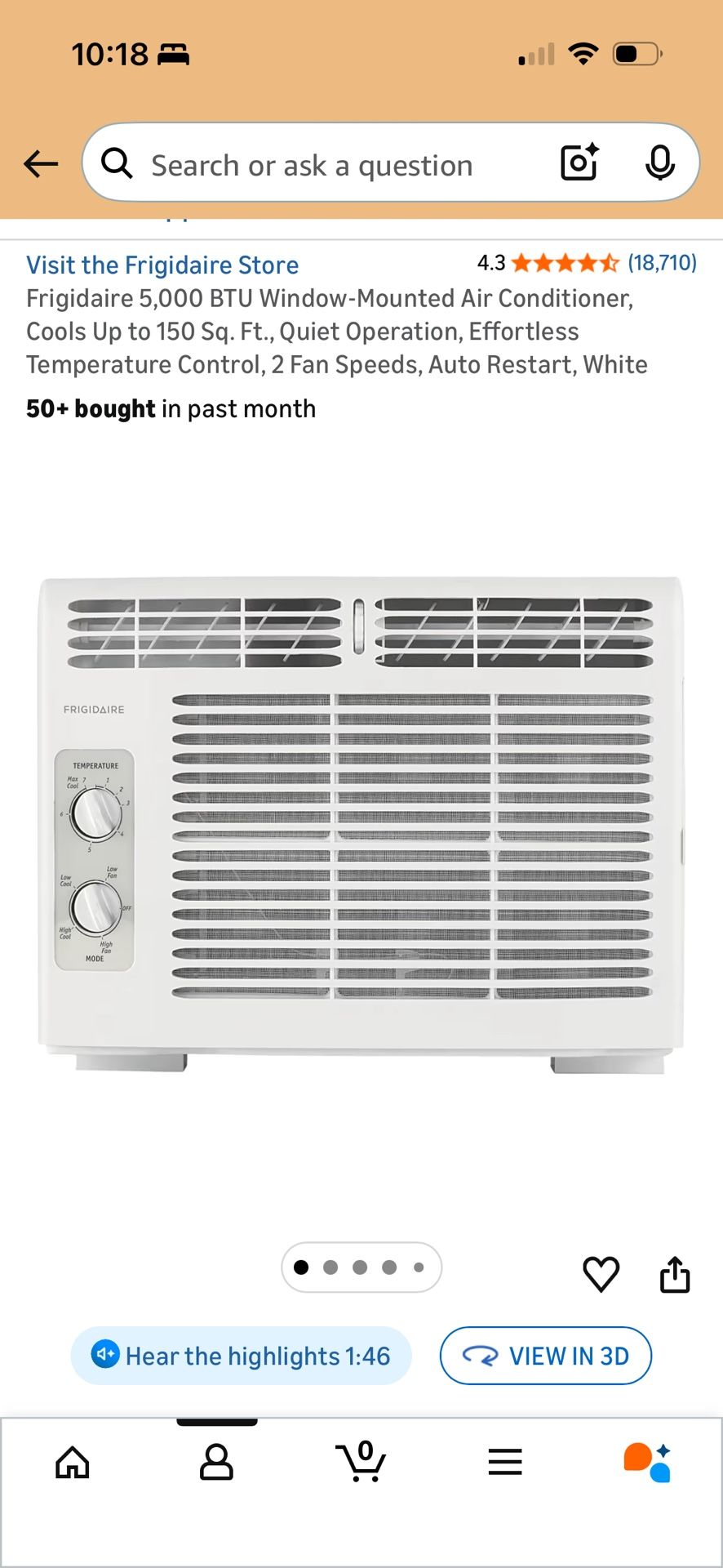 Frigidaire 5000 BTU Window Mounted Air Conditioner Cools Up to 150 Sq. Ft. Quiet Operation