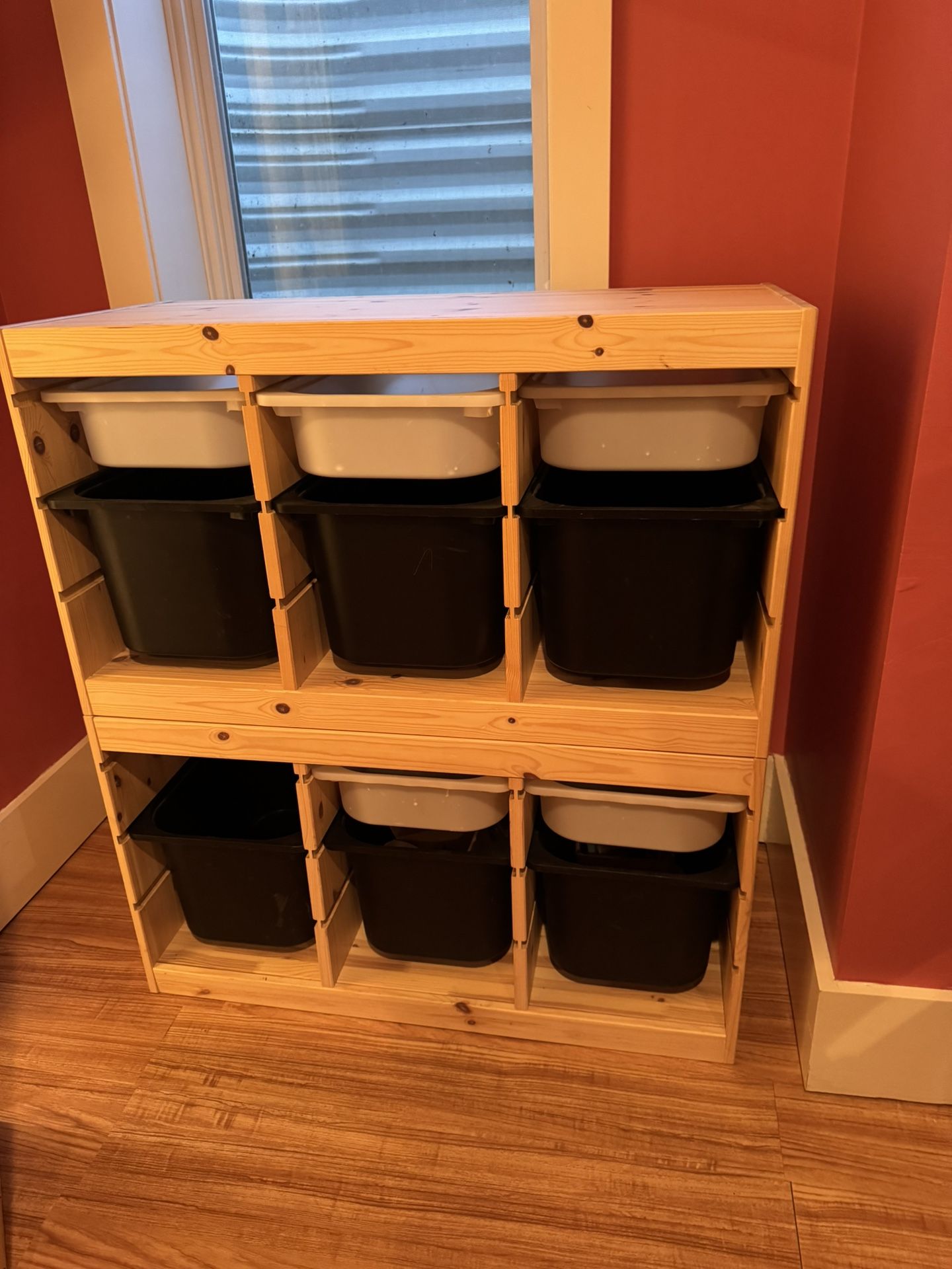 IKEA Shelving System – Wood Cabinets with Buckets