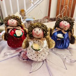 Handmade Christmas Angel Ornaments Set of 3 Fabric & Metallic Curl Hair Holiday Decor