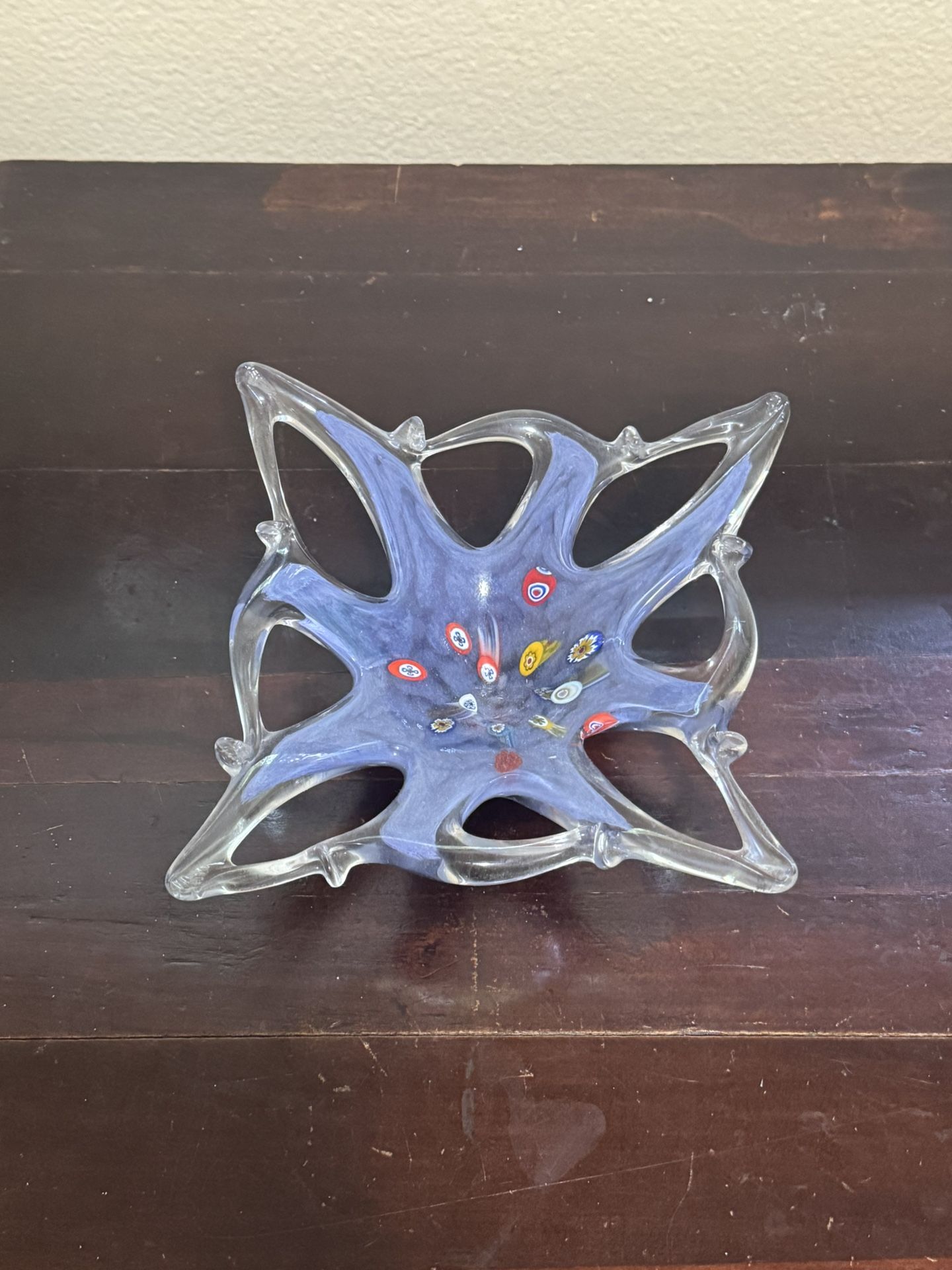 Murano Italian Art Lavender Glass Bowl 8" Millefiori Starfish Shaped - Small Chip