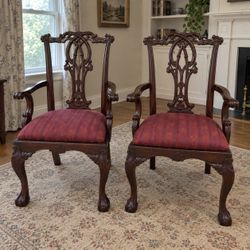 Pair of Carved Wood Armchairs – Red Upholstered Seats