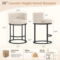 26.8" Counter Height Bar Stools Set of 2, 180° Swivel Bar Stools, Modern Barrel Counter Stools with Back and Metal Frame, Fabric Upholstered Barstools