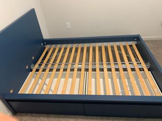 Full Size Navy Blue Bed Frame with 2 Drawers – Barely Used!