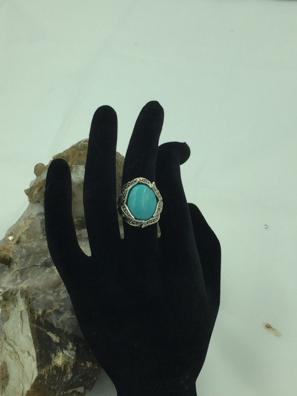 925 STER Silver L Turquoise & Marcasite Ring 6.75
