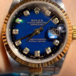 Rolex Datejust 26mm Blue Vignette Factory Diamond Dial Ladies watch 69173 quick set box & papers 18k gold & stainless steel Jubilee Bracelet