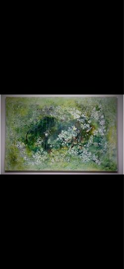 Beautiful colors encaustic acrylic on canvas, signed local artist 24 by 36