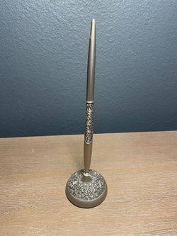 Vintage Floral Pewter Tone Desk Pen & Holder Office Writing Set