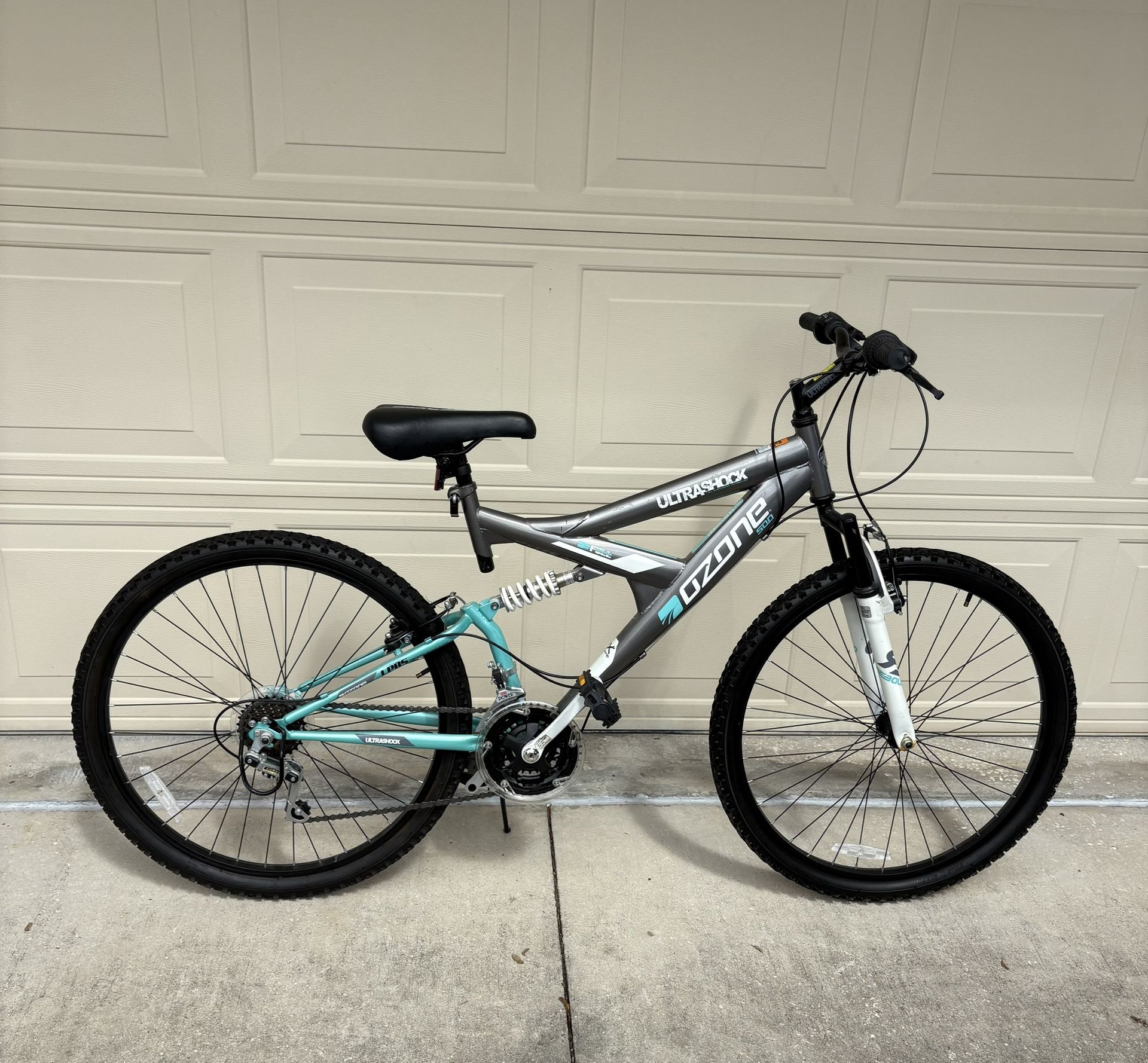Ozone Ultra Shock 26” Mountain Bike 7 Speed, 18” Frame Gray/Aqua Green Color