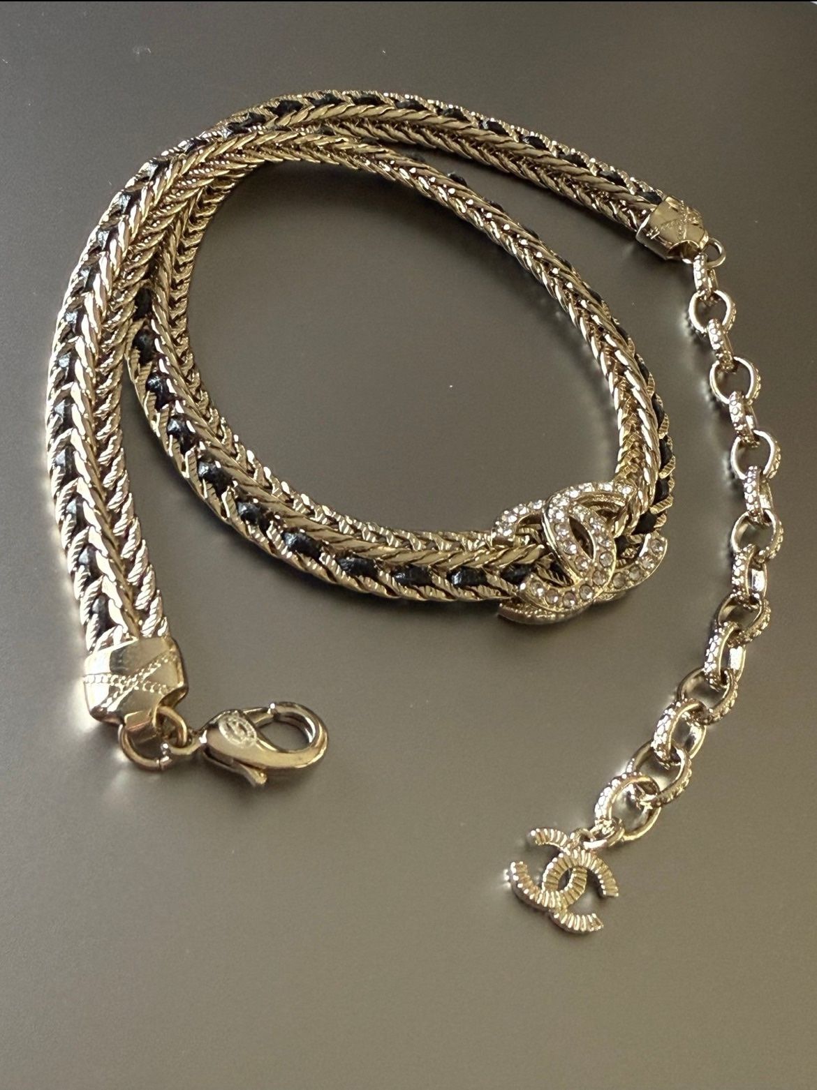 Black Leather Intertwined Chain Necklace