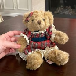 Vintage Russ Berrie, Beverly the Tan Bear From The Past Plush 10” Plaid Dress 