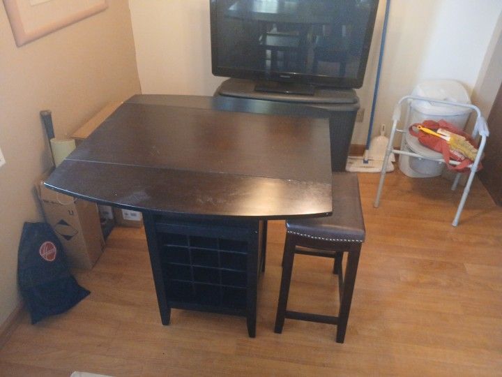 Dark Walnut Colored Bar Table And Wine Rack