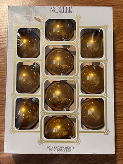 Mid-Century Noelle Glass Christmas Ornaments-Box of 10 Gold-Made in USA Caps-2 ¼" Diameter