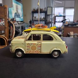 Retro Tabletop Beach Car W/Surfboard On Roof, Hand-painted Iron, Distressed Finish, Vintage Patina Weathered Details For Character 10.2Lx4.9Wx5.9"H