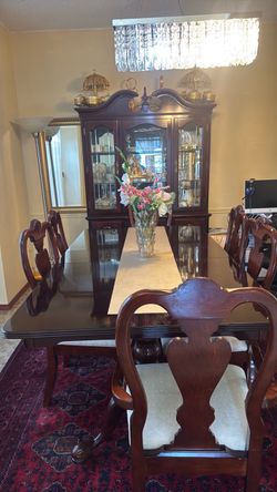 Dark Cherry Wood Dining Table Set with China Cabinet