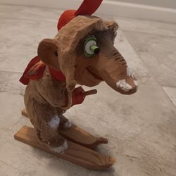 Vintage 1970s Norwegian Wooden Hand Carved Henning Skiing Troll 