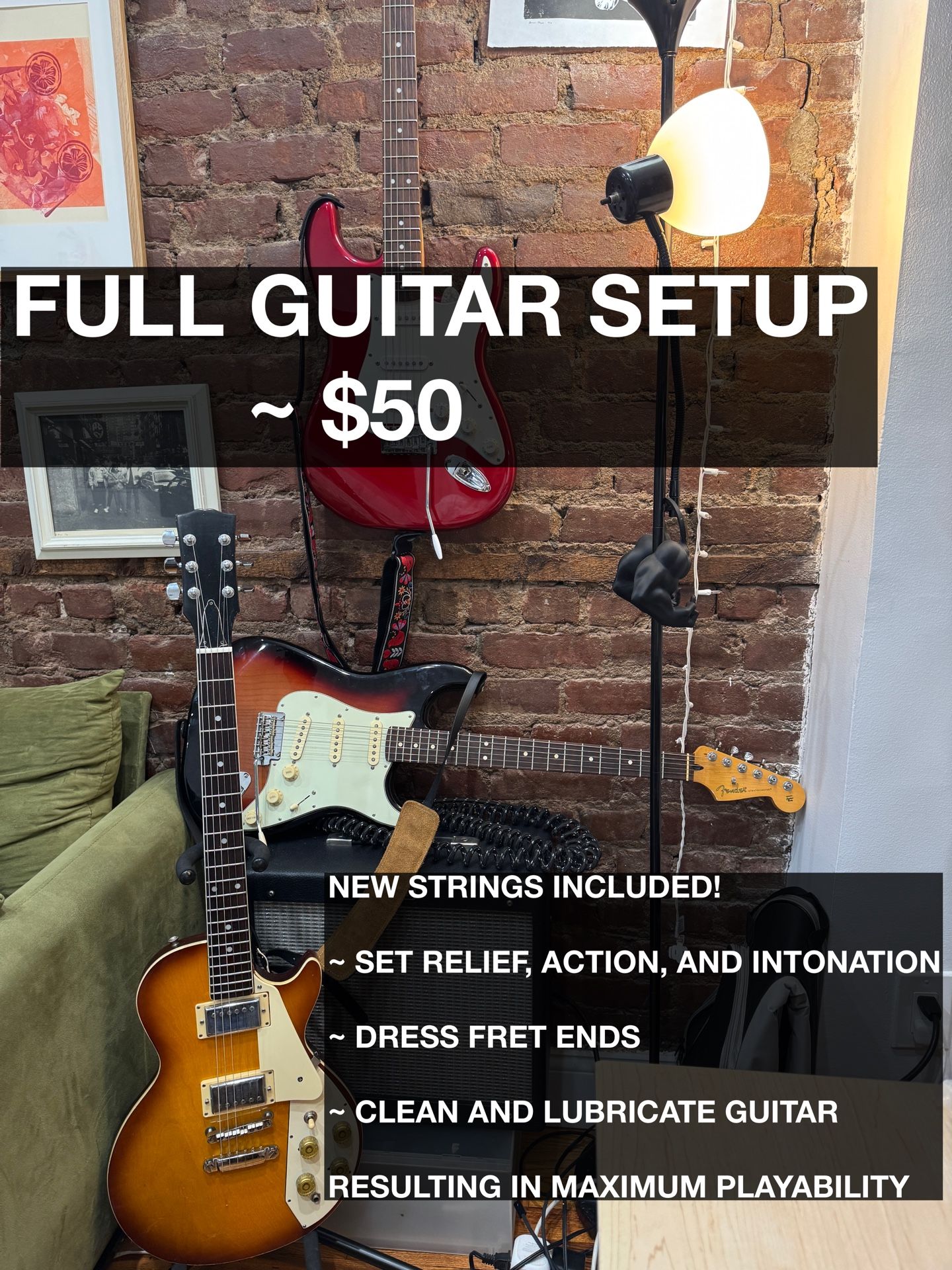 Full Electric Guitar & Bass Setup including strings.