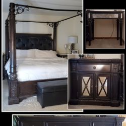 King size bedroom set, Canopy bed, Dresser with Mirror, Nightstand, Bedside Table