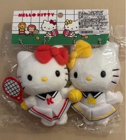 EXT RARE NWT Sanrio HELLO KITTY & MIMI WHITE TENNIS MASCOT PLUSH KEYCHAINS HTF