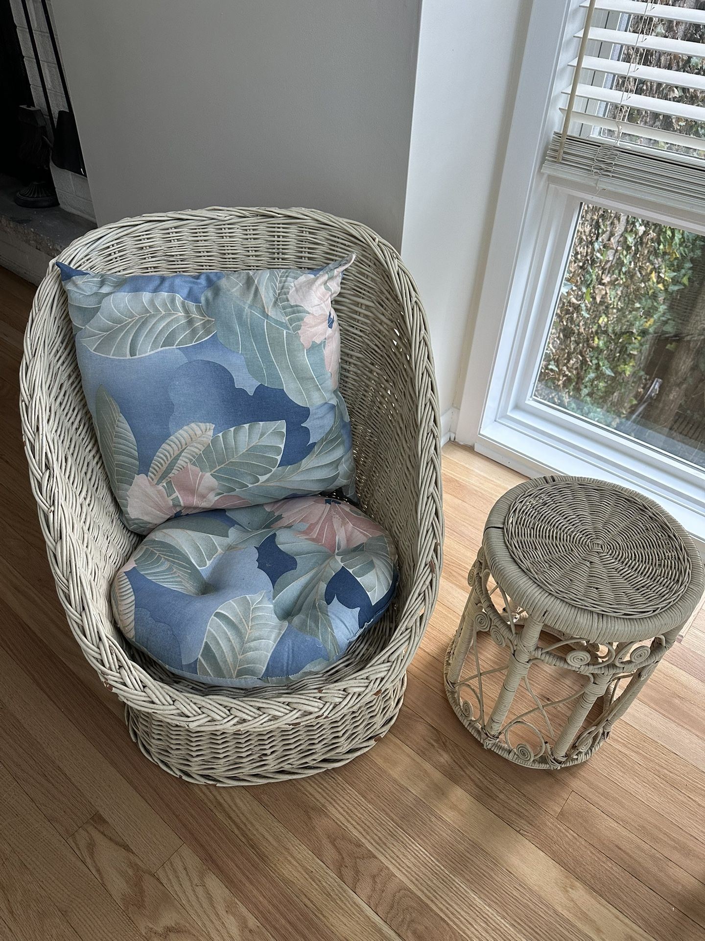 Wicker Chair, Cushions, Side Table