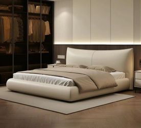 The "Chanel" Beige Genuine Leather Minimalist Queen Platform Bed [NEW]  **Assembly Req <Mattress NOT Included>  <<Retails for $1659