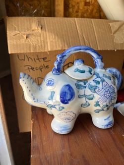 Ceramic Elephant Teapot Blue Floral