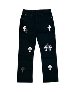 Chrome Hearts Straight-Leg Jeans Mens Size 32 with White and Black Cross Patches