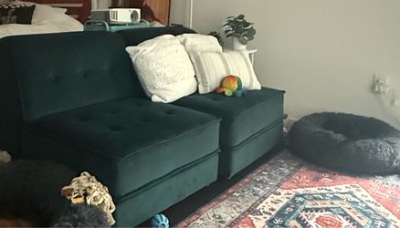 Blue velvet modular loveseat