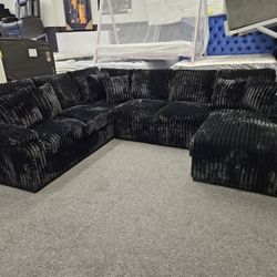 Super Deal 4 Pcs Sectional Black Corduroy Fabric W/ Pull Out Bed, Storage Chaise $1599