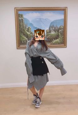 V Neck Fashion Suit Dress Woman Long Sleeve Dress + Short Skirt Suit