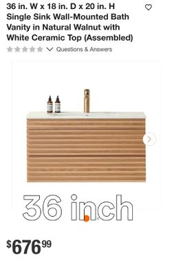 36" Wall-Mounted Bath Vanity Natural Walnut White Ceramic Top