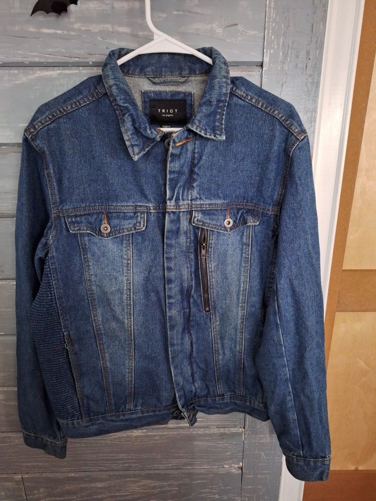 Triot Los Angeles Mens Denim Washed Blue Jean Jacket With Covered Zip Size Large