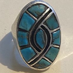 Sterling silver & turquoise Ring, size 8, Solid, Large & Heavy.