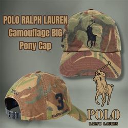 POLO RALPH LAUREN Camouflage Canvas Big Pony Cap, (Black Logo) (Adjustable Strap)