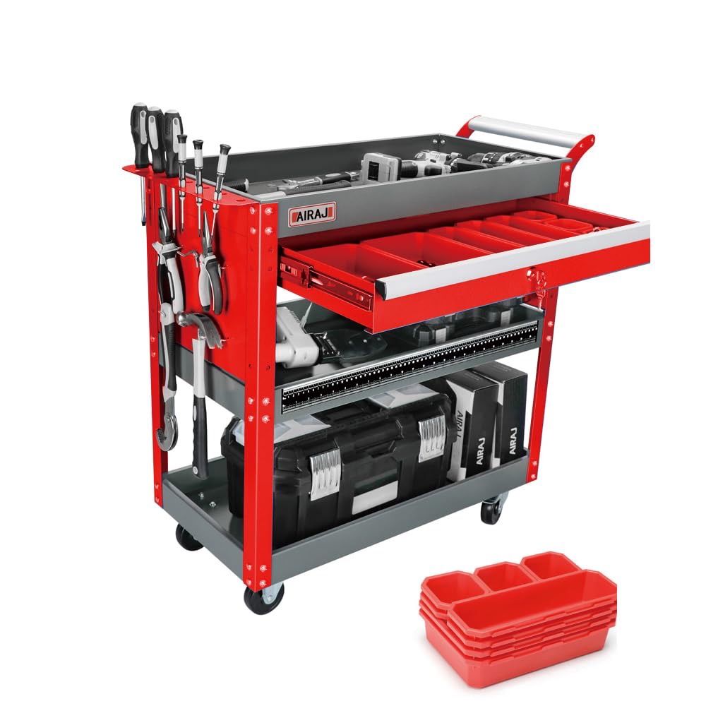 Rolling Cart with Wheels,3 Tier Mechanic Tool Cart with Drawers,440LBS Heavy Duty Industrial Service Cart with Pegboard for Warehouses and Garage,Red