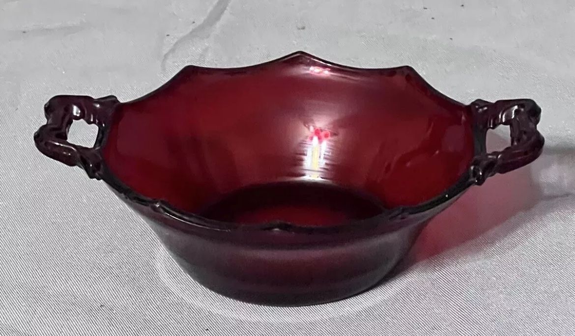 Vintage Cambridge Glass Ruby Red Glass Candy Dish Bowl 2 Handles Decagon Rare