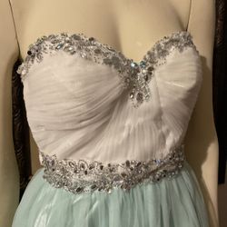 Alex & Sophia Strapless White & Mint Green Gown With Rhinestone Details 