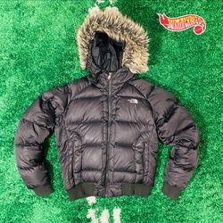 North Face 550 TNF Gotham Down Bomber Jacket Fur Hoodie Womens Large Black