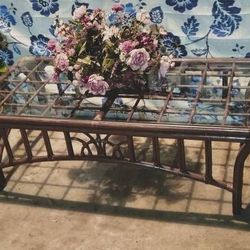 Vintage Boho Rattan Glass Top Coffee Table
