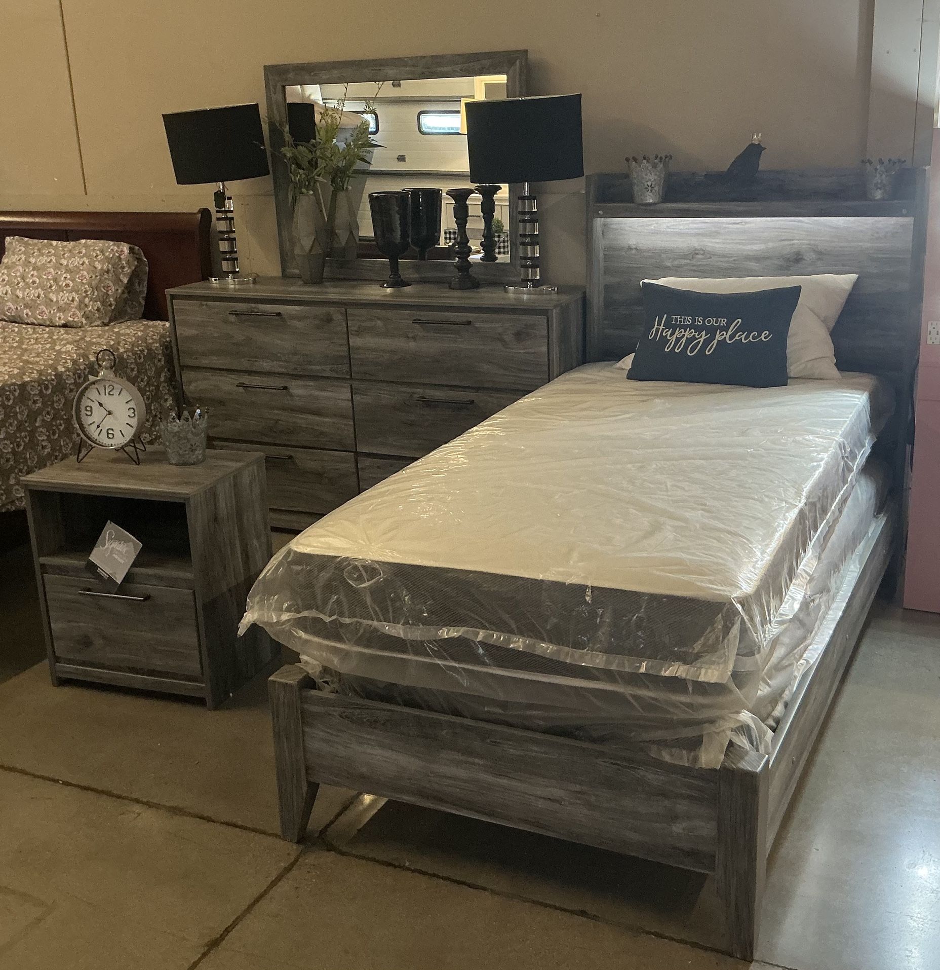 Twin Bedframe, Dresser, Mirror And Nightstand