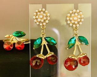 Rhinestone Cherry Earrings And Ring Duo