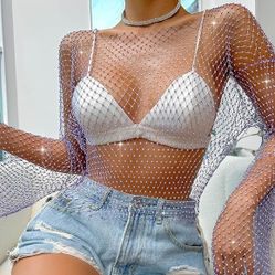 Women's Mesh Top Glitter Rhinestone Bikini Cover Up Shiny See Through Hollow Out Shiny Camisole Nightclub Festival Clubwear
