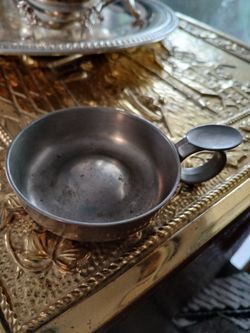 Pewter looped handled marked LW dish