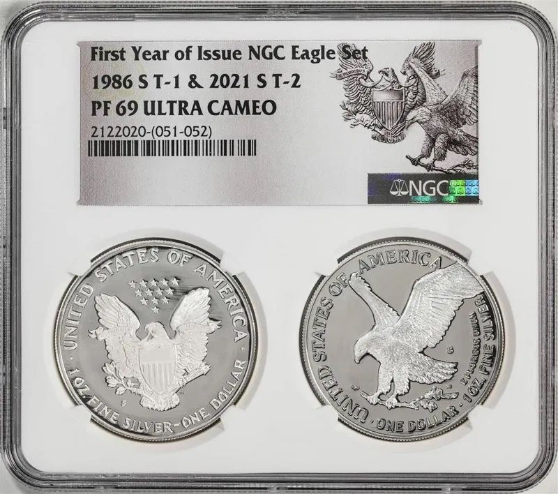 1986-S & 2021-S First Year of Issue $1 Proof Silver Eagle Coin Set NGC PF69 Ultra Cameo