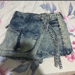 Acid Wash Denim Mini Skirt with Belt