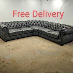 Walter E Smithe Carlton Chesterfield Sectional Leather Sofa Couch