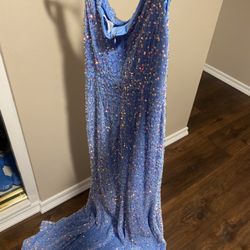 Blue Sequin Slit Prom Dress