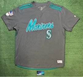 vintage gray and teal Seattle Mariners short sleeve V neck embroidered jersey