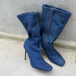 Y2K Denim Sock Boots Womens Size 7 Blue Stretch Stiletto High Heel Ankle Booties