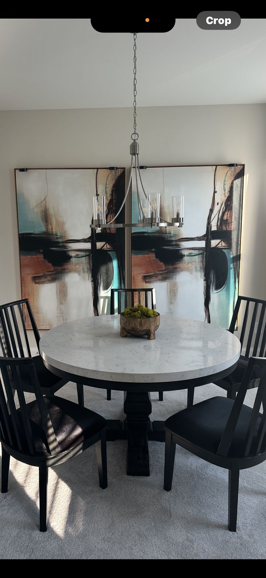 54 Round Marble Table With A Black Wood base And  5 Velvet Chairs 